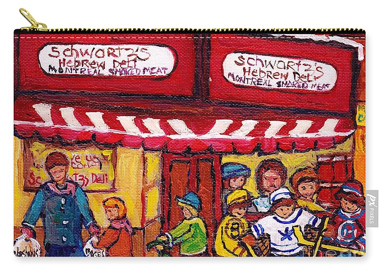 Schwartz Zip Pouch featuring the painting Montreal Landmarks For Sale Schwartz's Deli Winterscenes Hockey Art For Sale by Carole Spandau