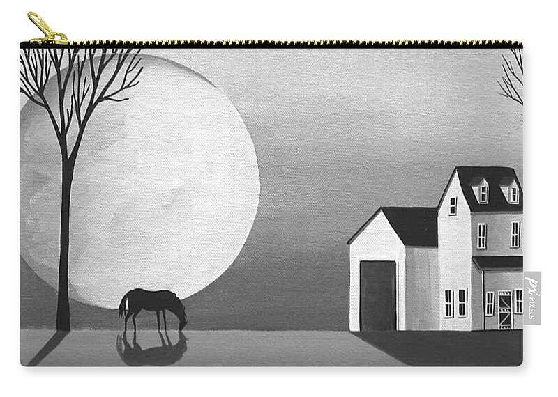 Art Zip Pouch featuring the painting Moon Grazing - folk art black white by Debbie Criswell