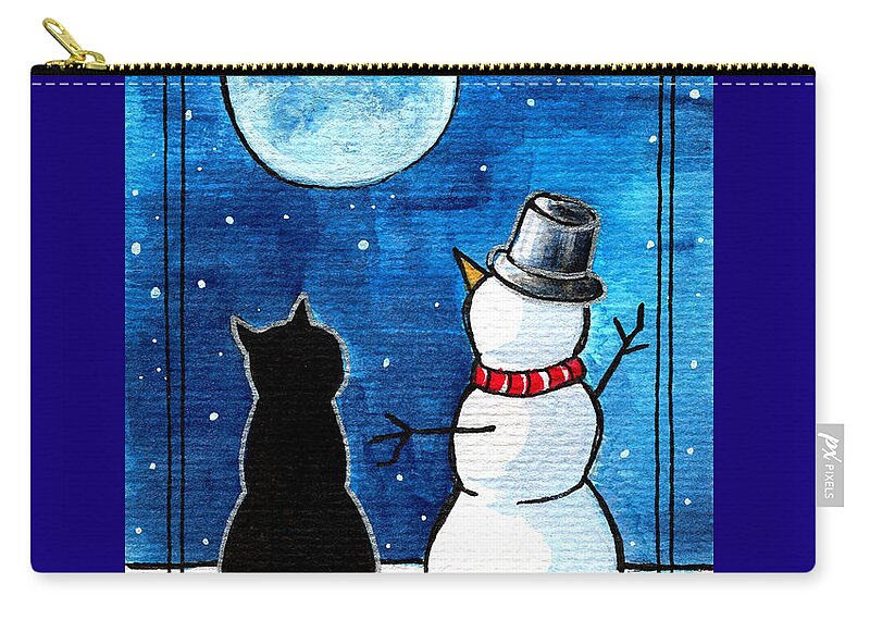 Moon Watching With Snowman Zip Pouch featuring the painting Moon Watching With Snowman - Christmas Cat by Dora Hathazi Mendes