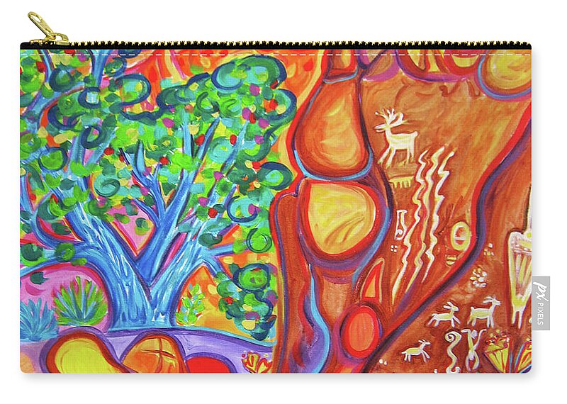 Colorful Art Zip Pouch featuring the painting Moonflower Canyon Petroglyphs by Rachel Houseman