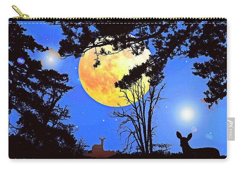 Fantasy Image Zip Pouch featuring the photograph Moonlight Fantasy Forest with Deer Silhouettes by A Macarthur Gurmankin