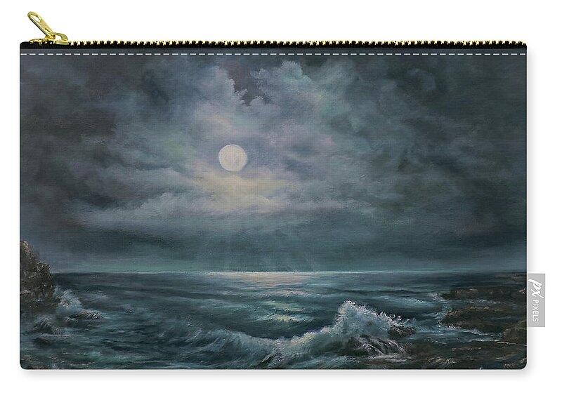 Nocturnal Landscape Painting Zip Pouch featuring the painting Moonlit Seascape by Katalin Luczay
