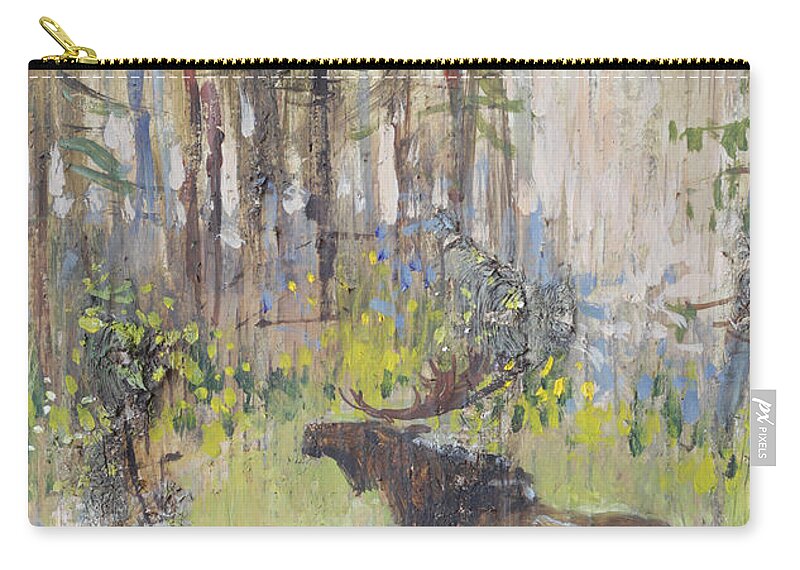 Moose Zip Pouch featuring the painting Moose Couple in the Wood by Ilya Kondrashov