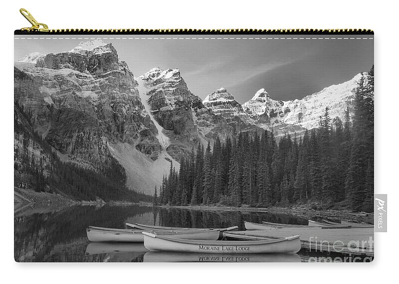 Moraine Lake Moraine Lake Black And White Zip Pouch featuring the photograph Moraine Lake In Black And White by Adam Jewell