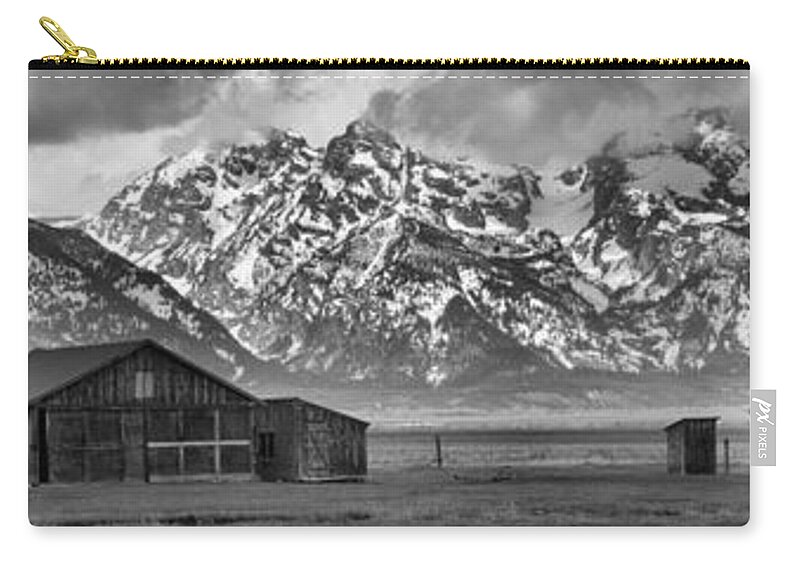 Black And White Zip Pouch featuring the photograph Mormon Row Homes Panorama Black And White by Adam Jewell