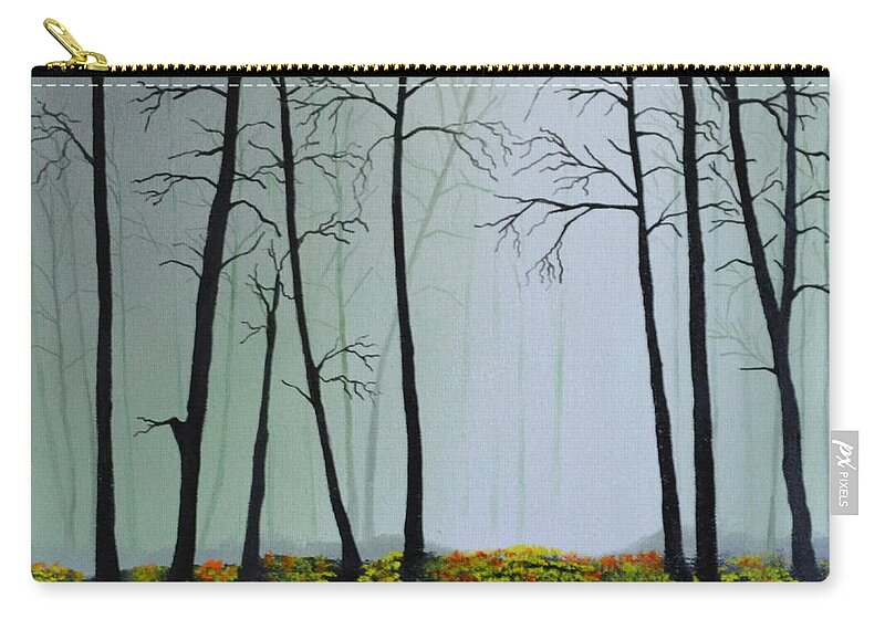 This Is A Landscape Painting Of A Foggy Wooded Area. The Light Is Coming Through A Foggy Area Of The Background. I Used A Light Colored Back Ground To Give The Painting Depth And Contrast. The Trees Don't Have Leaves And Are Casting A Shadow On The Forest Floor. The Ground Is Covered With Fresh Flowers And Green Grass. This Is An Affordable Oil Painting And Would Look Great In Any Room. Zip Pouch featuring the painting Morning Fog by Martin Schmidt