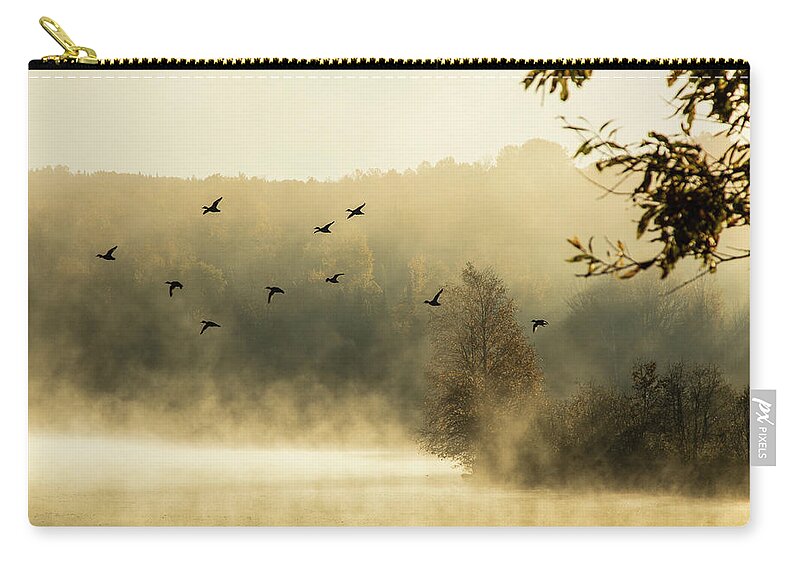 Haley Pond Zip Pouch featuring the photograph Morning fog on Haley Pond in Rangeley Maine by Jeff Folger