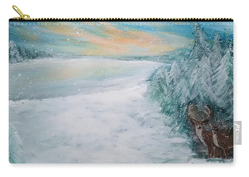 Inspiration Came From A Recent Weekend Up In Northern Ontario Where 2 Days Prior The Temps Were Almost T-shirt Weather Zip Pouch featuring the painting Shelter from the Snow by Lynne McQueen
