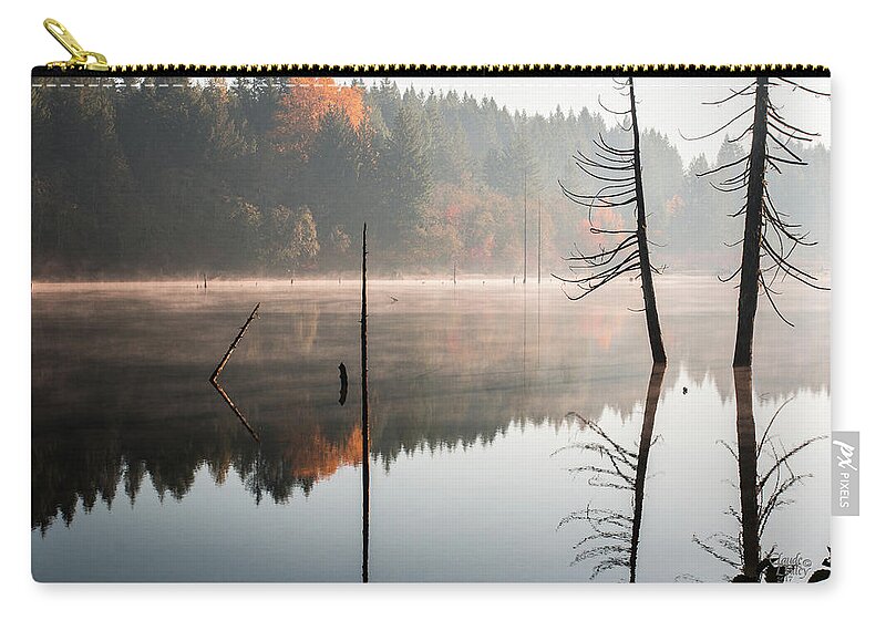Landscapes Zip Pouch featuring the photograph Morning Mist On A Quiet Lake by Claude Dalley