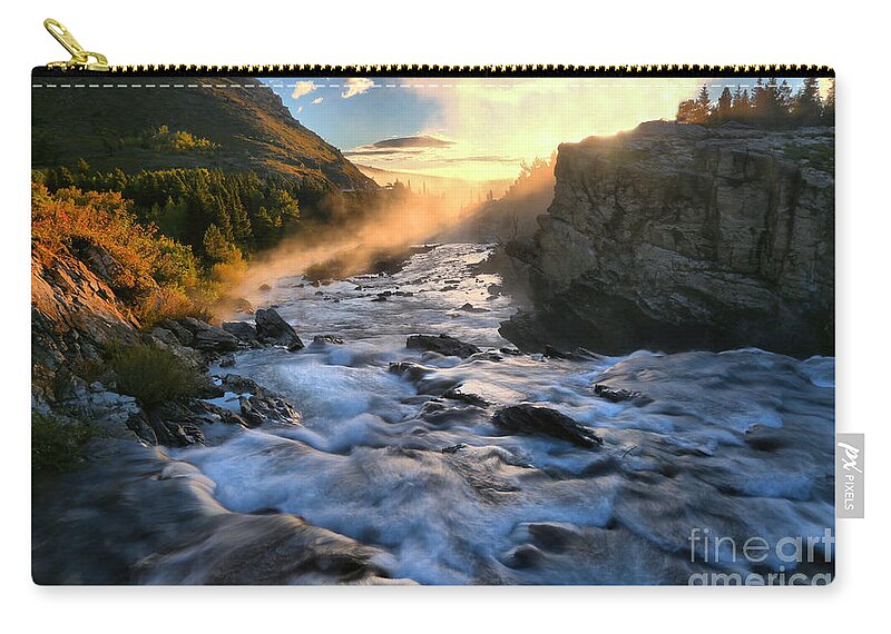 Swiftcurrent Falls Zip Pouch featuring the photograph Morning Swiftcurrent Sunbeam by Adam Jewell
