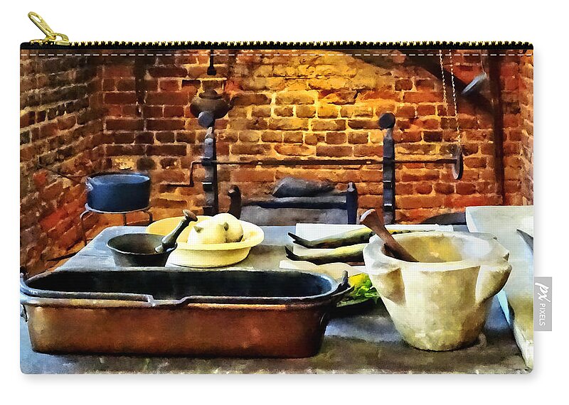 Mortar And Pestle Zip Pouch featuring the photograph Mortar and Pestles in Colonial Kitchen by Susan Savad