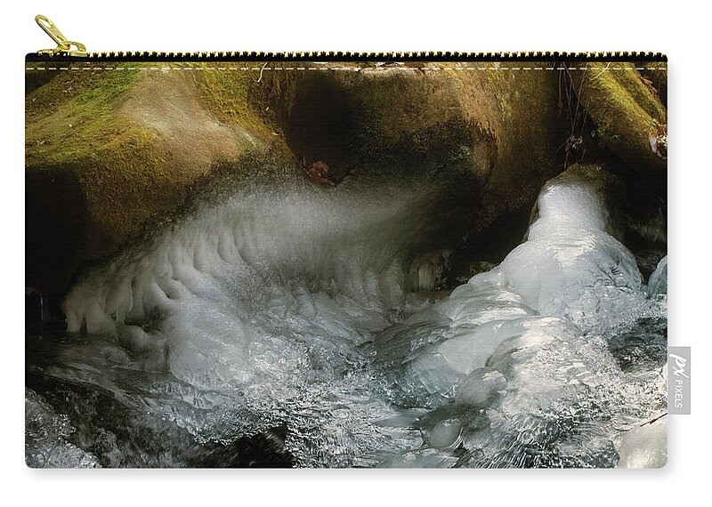Davis Creek Zip Pouch featuring the photograph Mossy Rocks And Ice by Greg and Chrystal Mimbs