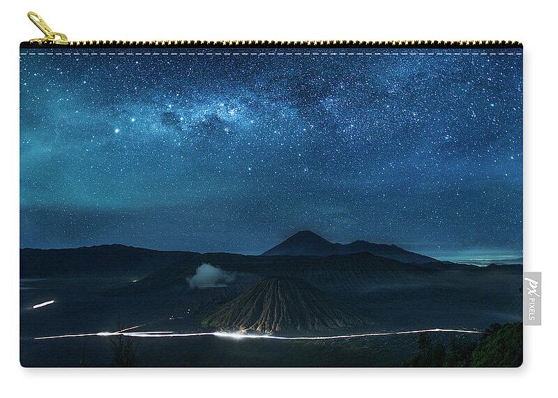 Landscape Zip Pouch featuring the photograph Mount Bromo resting under million stars by Pradeep Raja Prints
