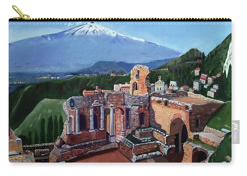 Oil Zip Pouch featuring the painting Mount Etna and Greek Theater in Taormina Sicily by Mary Capriole