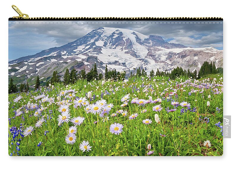 Alpine Carry-all Pouch featuring the photograph Mount Rainier and a Meadow of Aster by Jeff Goulden