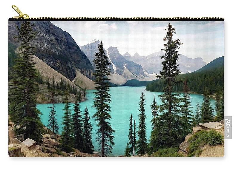 Lake Zip Pouch featuring the digital art In the Valley of the Ten Peaks by Hans Brakob