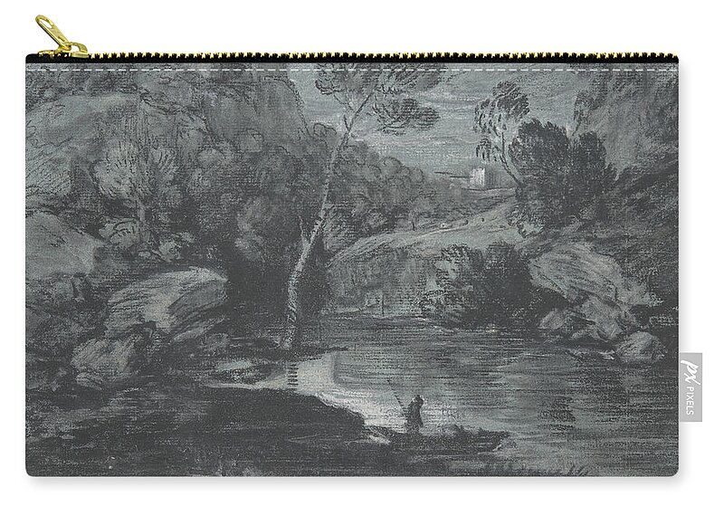 18th Century Art Zip Pouch featuring the drawing Mountain Landscape with a Castle and a Boatman by Thomas Gainsborough