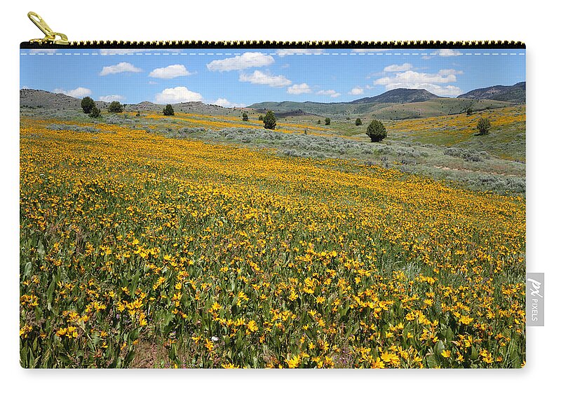No People Zip Pouch featuring the photograph Mountain Meadows of Yellow Wildflowers by Brett Pelletier