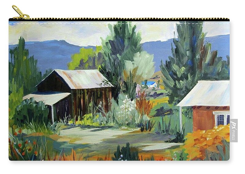 New Mexico Zip Pouch featuring the painting Mountain Settlement in New Mexico by Adele Bower