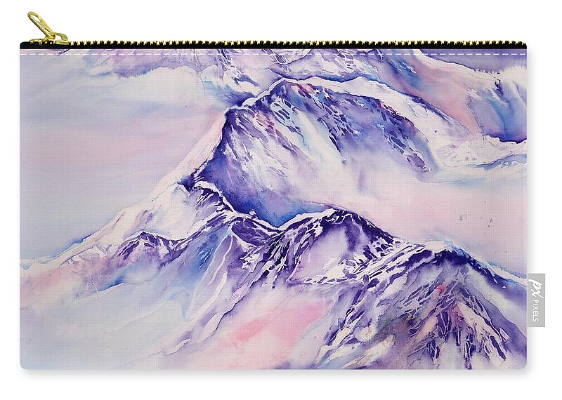 Swiss Mountains Watercolor Zip Pouch featuring the painting Mountains above the clouds No. 2 by Sabina Von Arx