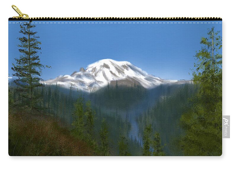 Mountain Zip Pouch featuring the painting Mt Rainier by Becky Herrera