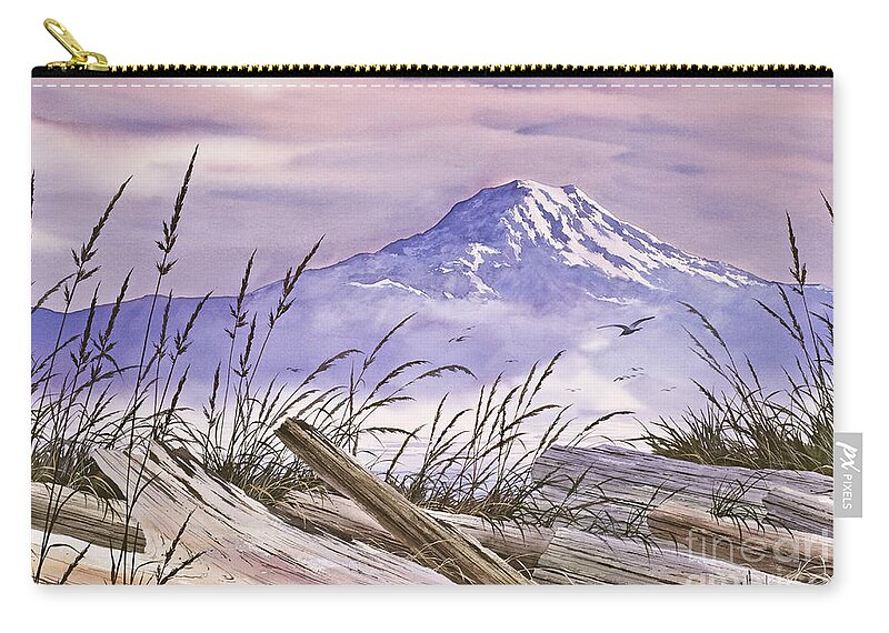 Mt Rainier Framed Print Zip Pouch featuring the painting Mt. Rainier Driftwood Shore by James Williamson