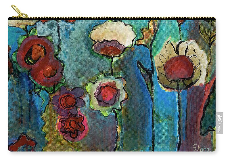 Red Pink Flowers On Blue Background Zip Pouch featuring the painting My Mother's Garden by Susan Stone
