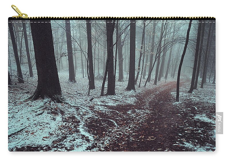 Jenny Rainbow Fine Art Photography Zip Pouch featuring the photograph Mysterious Winter Woods 1 by Jenny Rainbow