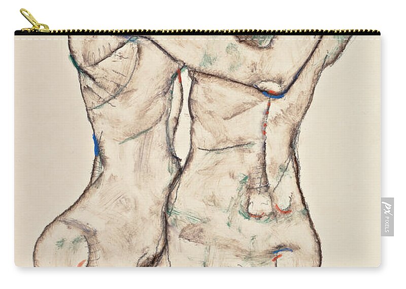 Egon Schiele Zip Pouch featuring the drawing Naked Girls Embracing by Egon Schiele