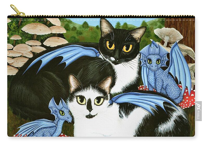 Tuxedo Cat Zip Pouch featuring the painting Nami and Rookia's Dragons - Tuxedo Cats by Carrie Hawks