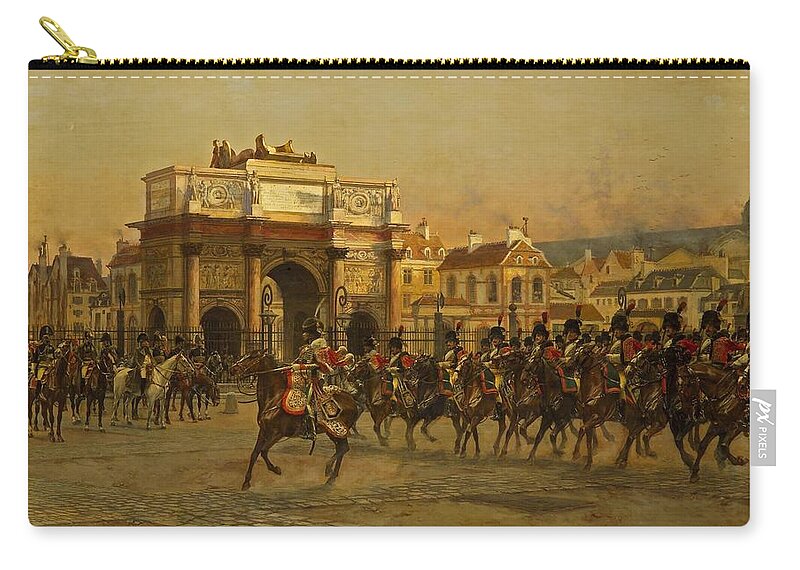 Francois Flameng Zip Pouch featuring the painting Napoleon and his staff reviewing the mounted chasseurs of the Imperial guard by MotionAge Designs