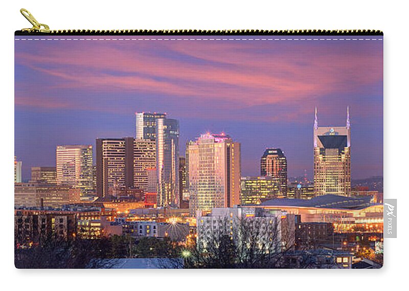 Nashville Zip Pouch featuring the photograph Nashville Skyline at Dusk 2018 Panorama Color by Jon Holiday