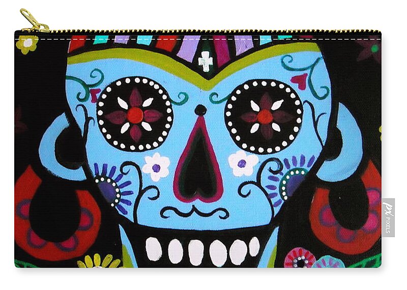 Native Zip Pouch featuring the painting Native Dia De Los Muertos Skull by Pristine Cartera Turkus