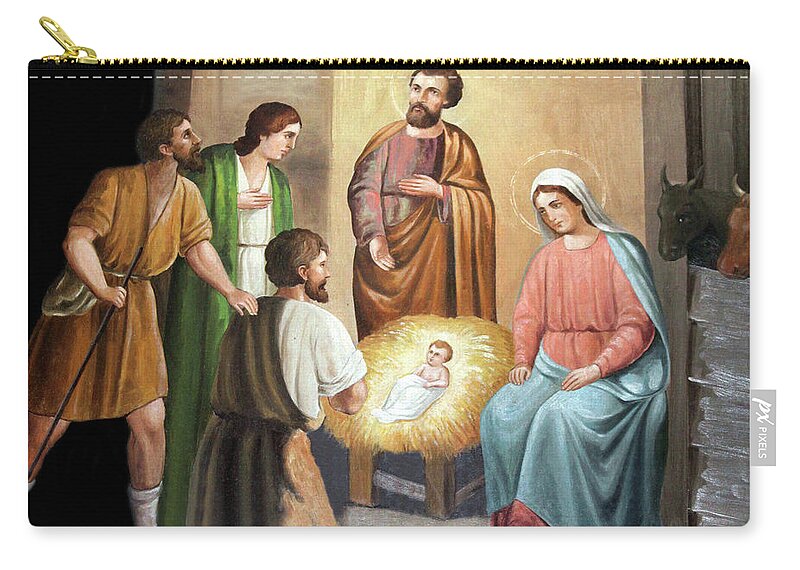 Nativity Zip Pouch featuring the photograph Nativity Scene Painting at Nativity Church by Munir Alawi