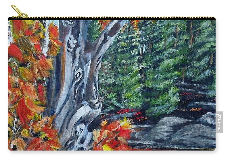 Dead Stump Zip Pouch featuring the painting Natures faces by Marilyn McNish