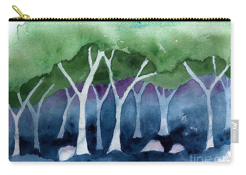 Watercolor Zip Pouch featuring the painting Negative Thinking Makes a Woodland Scene by Conni Schaftenaar