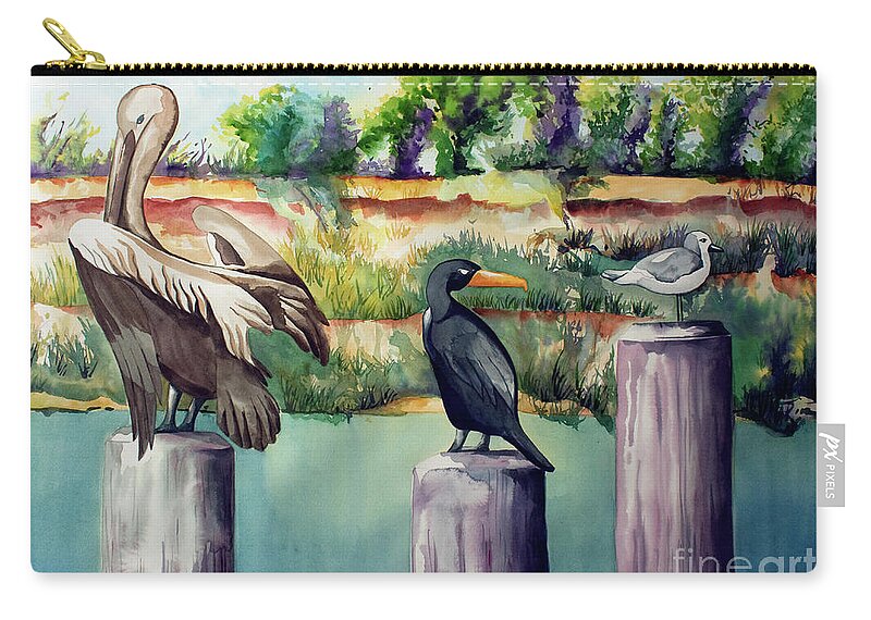 Birds Painting Zip Pouch featuring the painting Neighborhood Gossip by Kandyce Waltensperger