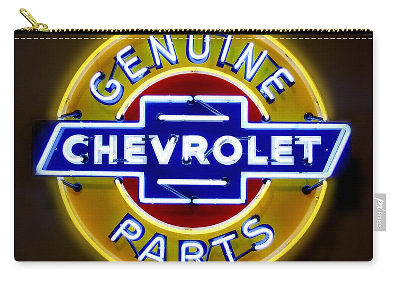 Neon Sign Carry-all Pouch featuring the photograph Neon Genuine Chevrolet Parts Sign by Mike McGlothlen