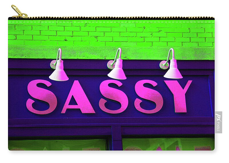 Sign Zip Pouch featuring the photograph Neon Sassy by Karol Livote