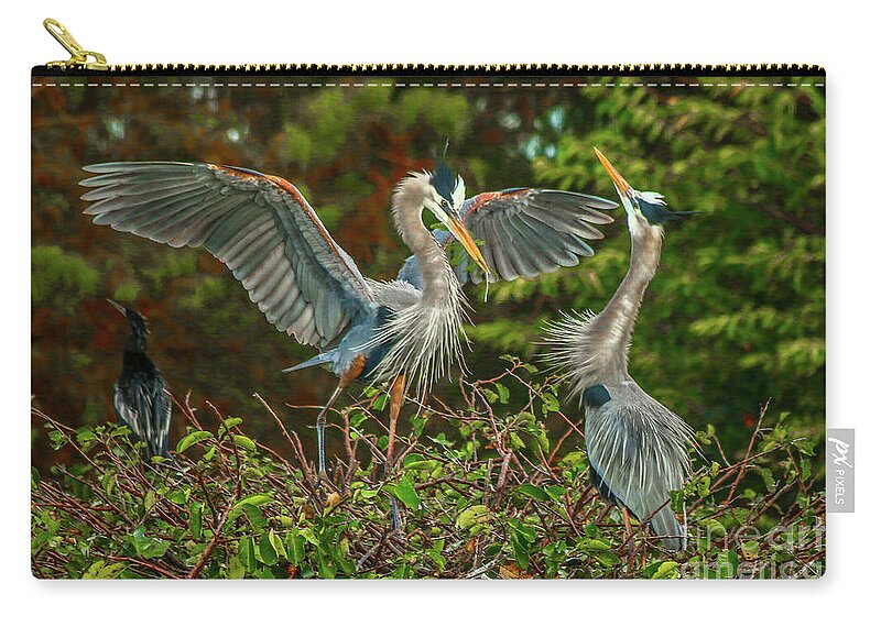 Blue Heron Zip Pouch featuring the photograph Nest Landing by Tom Claud