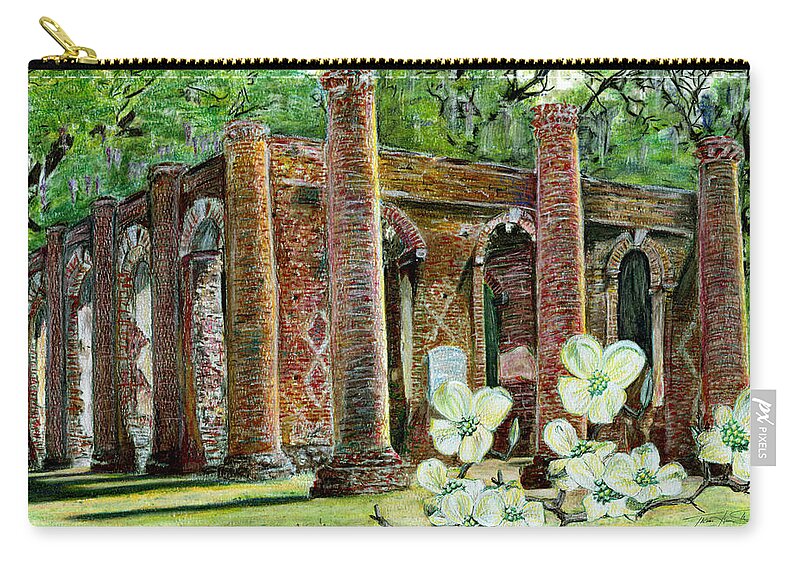 Ruins Zip Pouch featuring the painting New Dogwoods at Old Sheldon by Thomas Hamm