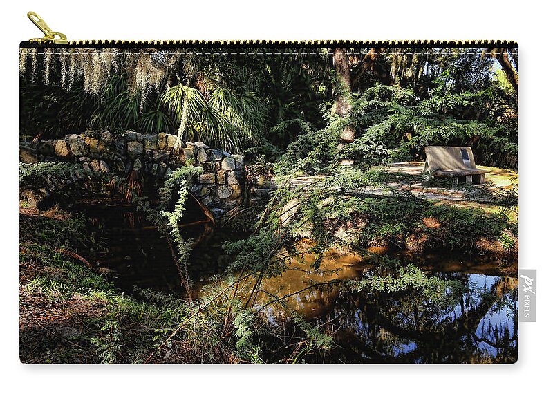 New Orleans Zip Pouch featuring the photograph New Orleans City Park Bridge and Bench by Judy Vincent