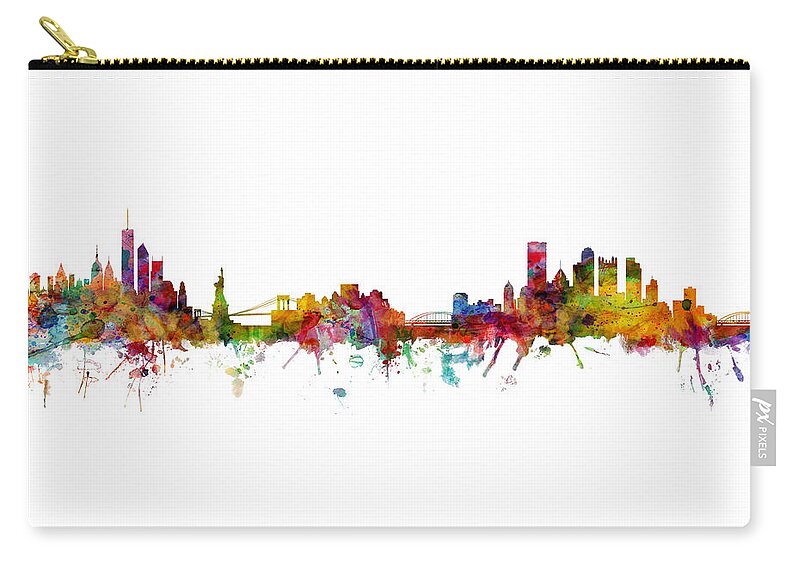 Pittsburgh New York Mashup Zip Pouch featuring the digital art New York and Pittsburgh Skyline Mashup by Michael Tompsett