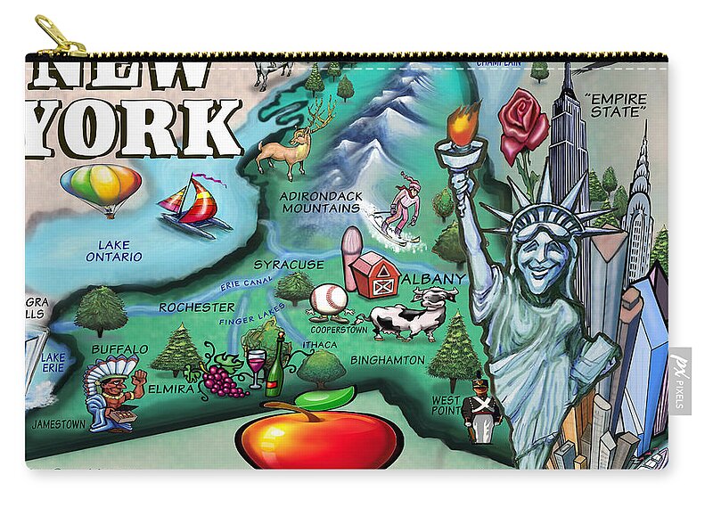 New York Zip Pouch featuring the digital art New York Cartoon Map by Kevin Middleton