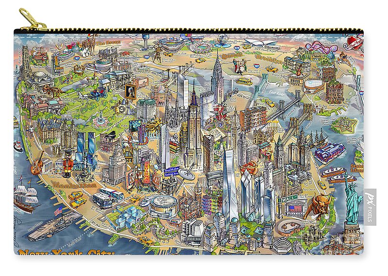 Manhattan Carry-all Pouch featuring the painting New York City Illustrated Map by Maria Rabinky