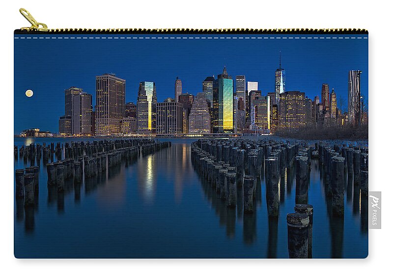 World Trade Center Carry-all Pouch featuring the photograph New York City Moonset by Susan Candelario