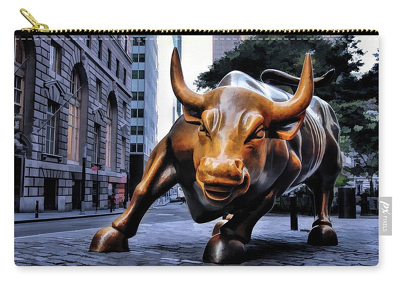 New York Zip Pouch featuring the painting New York City Wall Street Charging Bull by Christopher Arndt
