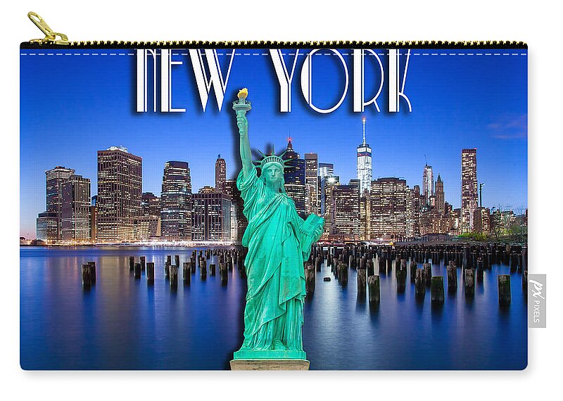 World Trade Center Zip Pouch featuring the photograph New York Classic Skyline with Statue Of Liberty by Az Jackson
