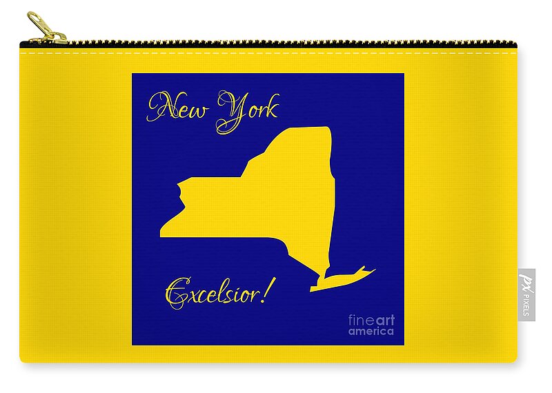 New York Map With State Colors And Motto Zip Pouch featuring the digital art New York Map in State Colors Blue and Gold with State Motto Excelsior by Rose Santuci-Sofranko