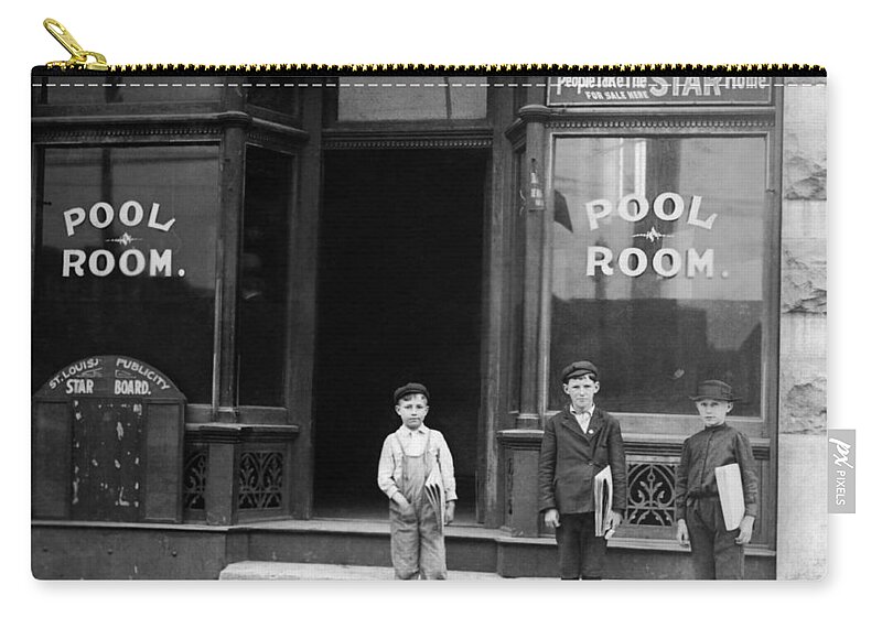 Pool Hall Zip Pouch featuring the photograph Newsies Outside A Pool Room - St. Louis - 1910 by War Is Hell Store